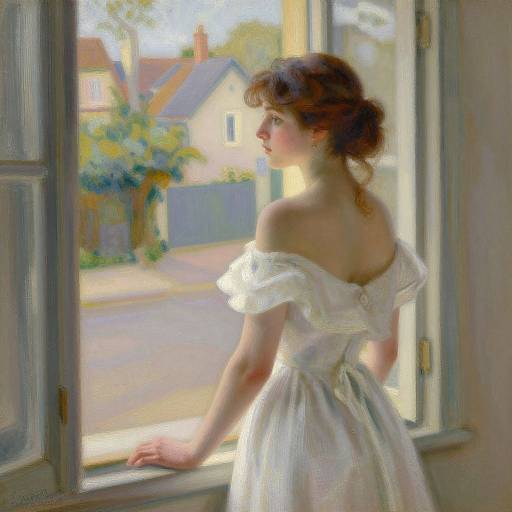 Impressionistic painting of a young woman in a white off-shoulder dress, gazing out a sunlit window at a suburban street.