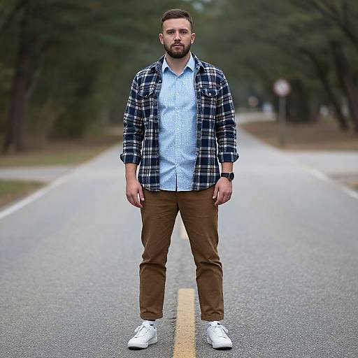 Photograph of a bearded man with short brown hair, wearing a blue plaid shirt, light blue patterned shirt, brown pants, and white