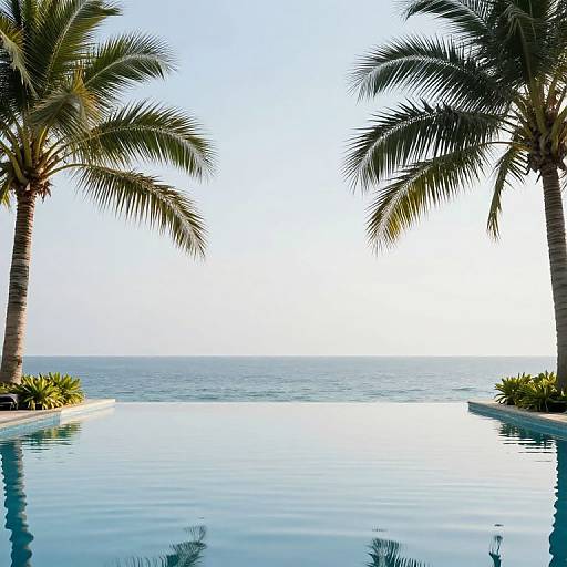 Photograph of a serene tropical pool scene with clear blue water, framed by two tall palm trees, and a calm ocean horizon in the background.
