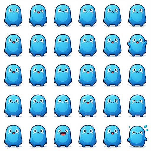 Digital drawing of 25 blue, round, cartoon blob creatures with various expressions in a grid, white background, each with cute, simple eyes and small