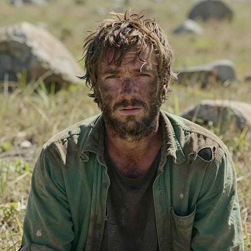 Disheveled Man in Worn Green Shirt Outdoors