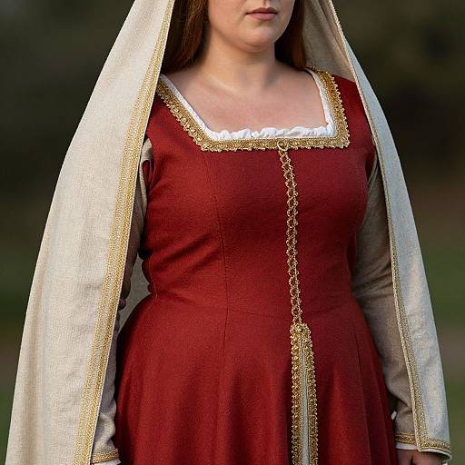 Photograph of a fair-skinned woman in a medieval-style red dress with gold trim and white lace, wearing a beige veil.