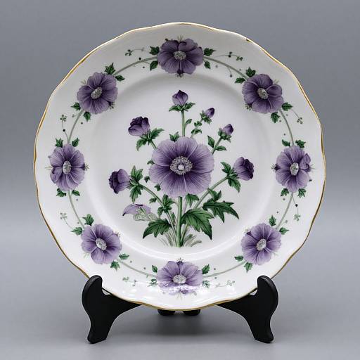 Photograph of a white ceramic plate with purple flowers and green leaves, gold trim, displayed on a black stand.