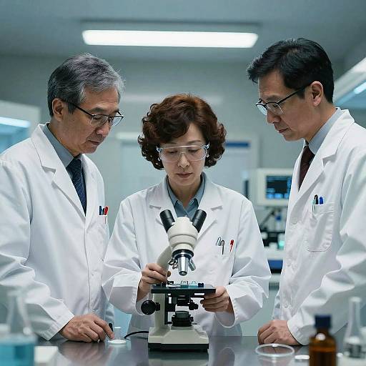 Photograph of three scientists, two men and one woman, in white lab coats, closely examining a microscope in a brightly lit laboratory.