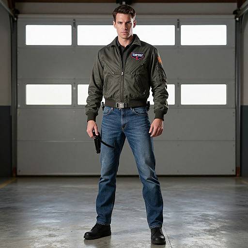 Photograph of a serious, muscular man in a black tactical jacket and blue jeans, standing in a brightly lit garage. He holds a gun in his