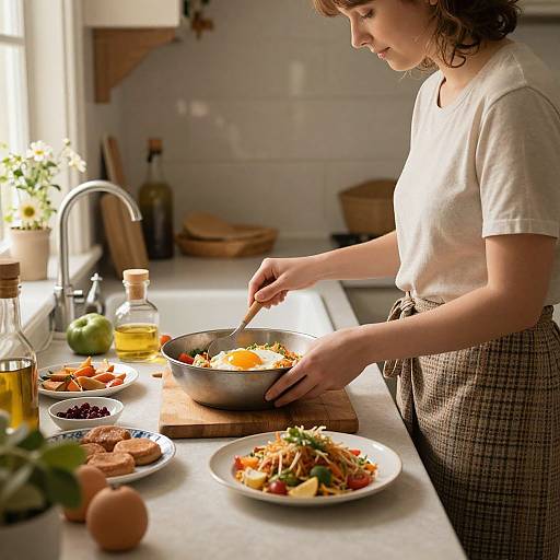 Photograph of a young woman with curly brown hair, wearing a white t-shirt and brown checkered apron, preparing a salad in a sunlit
