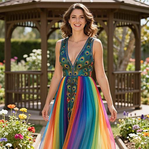 Photograph of a smiling woman with wavy brown hair, wearing a deep V-neck, peacock-patterned top and rainbow-colored, flowing skirt,