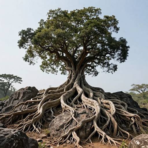 Photograph of a large, ancient tree with thick, twisting roots over dark rocks, set against a clear blue sky.