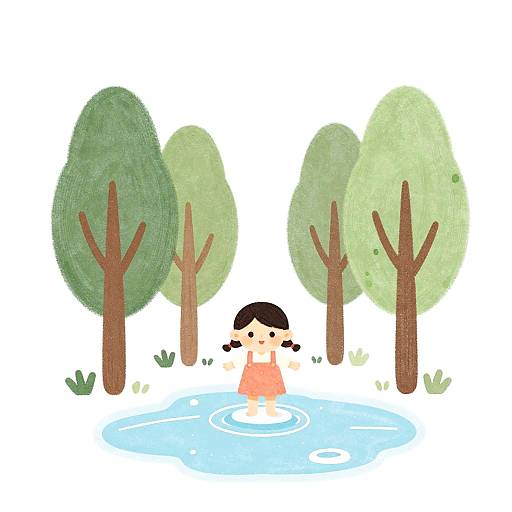 Girl Standing in Icy Pond Surrounded by Trees