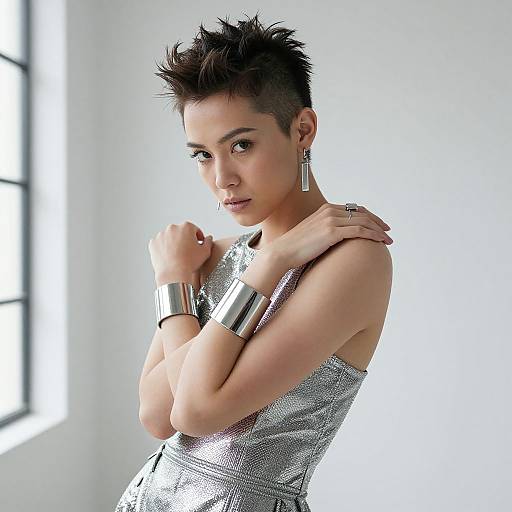 Photograph of a confident, short-haired woman with a shaved side, wearing a silver sequin top, silver earrings, and bracelets, standing in a