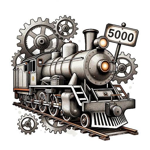 Stylized digital drawing of a steam locomotive with large gears, number 500 sign, black and white color scheme, and detailed mechanical textures on