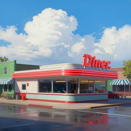 Brightly colored photograph of a retro-style diner with a red neon sign, white and red striped roof, and green adjacent building under a blue sky with