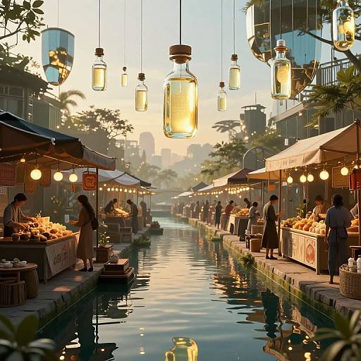 Digital art of a serene evening market with a canal, hanging glass lanterns, vendors, and customers along both sides. Warm, golden light reflects off