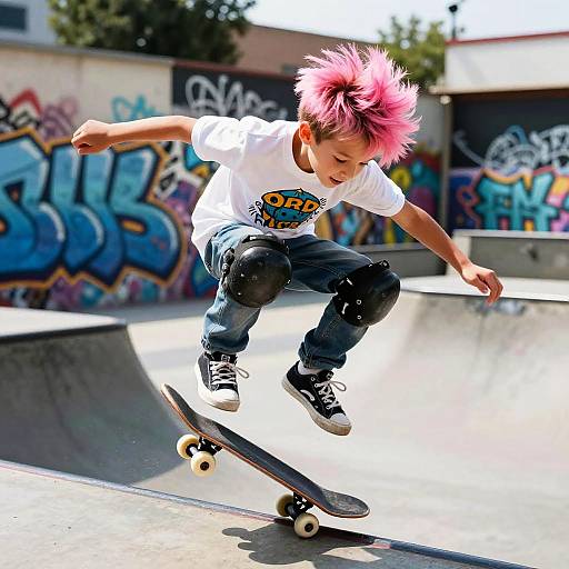 Photograph of a young boy with pink spiky hair, white t-shirt, blue jeans, and black sneakers, skateboarding mid-air in a colorful