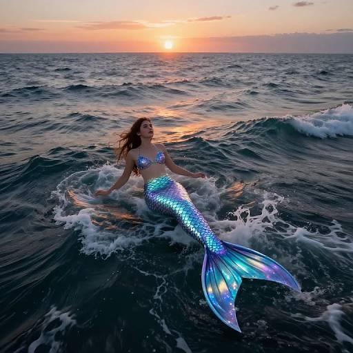 Photograph of a shimmering mermaid with a blue, iridescent tail and silver top, floating in ocean waves at sunset.