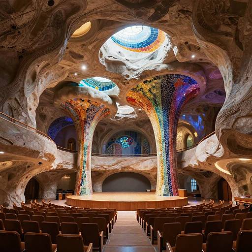 Photograph of an ornate, cave-like auditorium with colorful mosaic-tiled arches, natural stone walls, circular skylights, and rows