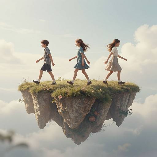 Digital artwork of three children walking on a floating grassy cliff above clouds, wearing casual summer clothes, with sunlight glowing behind them.