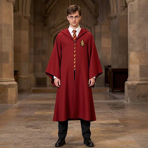 Photograph of a young man in a Hogwarts-style red robe with a striped tie, standing in a dimly lit, stone cathedral.