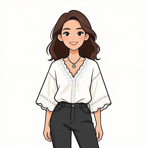 Digital drawing of a smiling woman with fair skin, brown wavy hair, wearing a white blouse with lace details and black high-waisted pants,