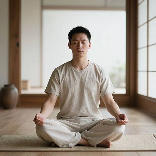 Meditating Multicultural Man in Zen Room