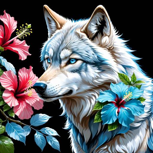 Silver-Furred Wolf Amidst Tropical Beauty Silver-Furred Wolf Amidst Tropical Beauty