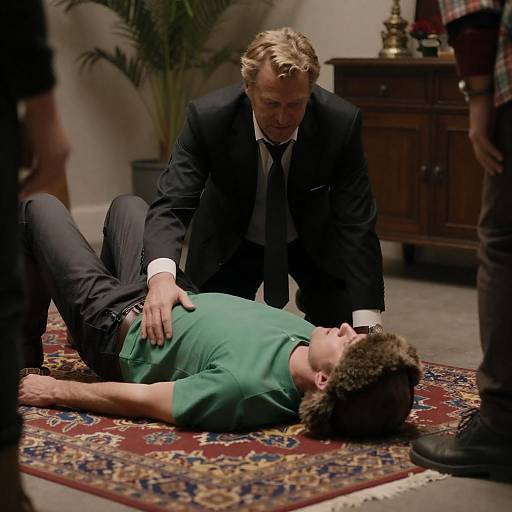 Dramatic Encounter on Ornate Rug