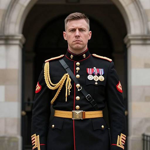 Photograph of a stern-looking male military officer in a black uniform with gold chains, medals, and red trim, standing in front of a stone arch
