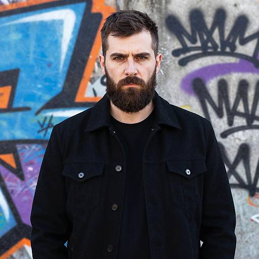 Photograph of a bearded man with dark hair, wearing a black jacket, standing in front of a graffiti-covered concrete wall.