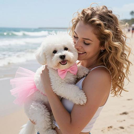 Joyful Woman with Puppy on Beach