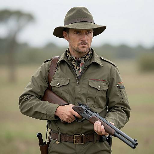 Photograph of a rugged, bearded man in a green military uniform and hat, holding a revolver, with a blurred grassy field background.