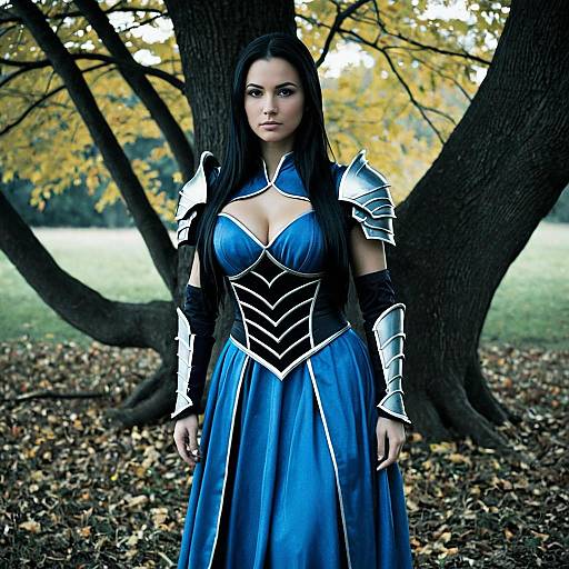 Woman in Blue Armor Costume Outdoors