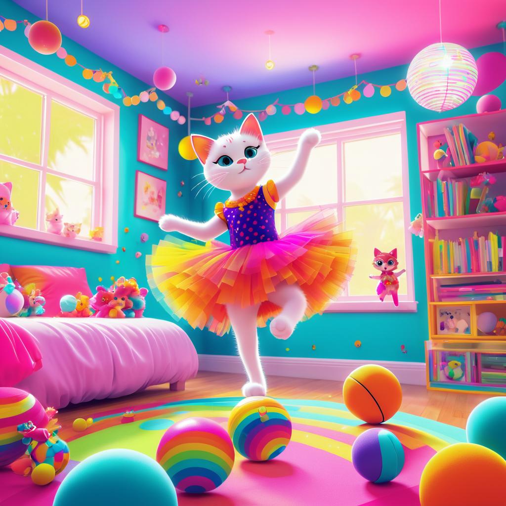 Dancing Cat in a Colorful Bedroom