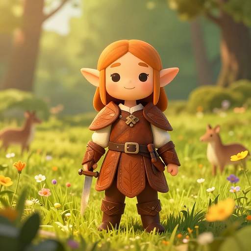 Chibi-style digital drawing of a cute, armored, pointy-eared elf standing in a sunlit, floral forest, with deer in the background
