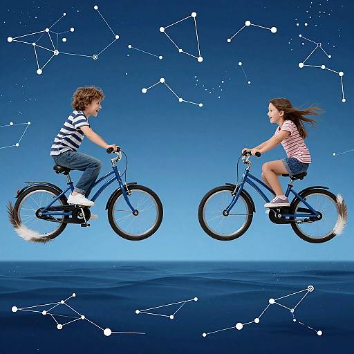 Photograph of two children, boy in striped shirt and girl in red-striped shirt, riding blue bicycles mid-air against a starry blue background.
