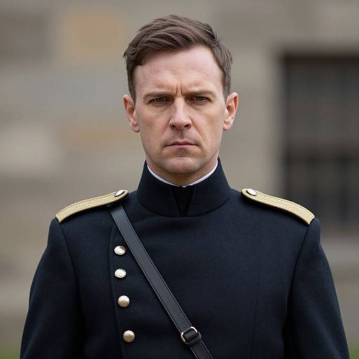 Photograph of a serious, white male soldier with short brown hair, wearing a black military uniform with gold epaulettes and a black strap,