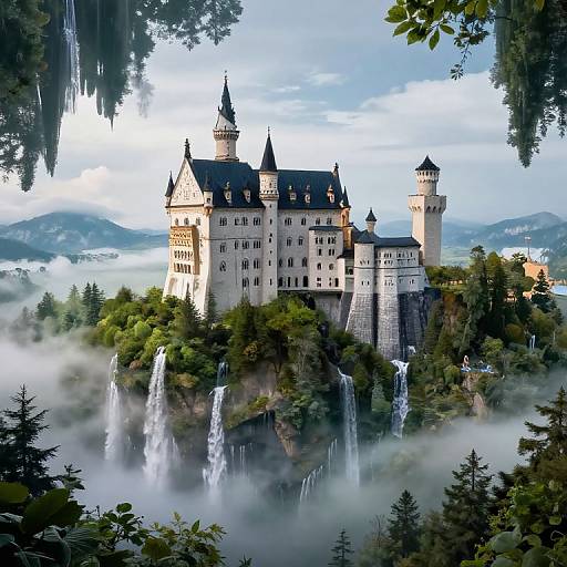 Surreal Floating Castle with Waterfalls