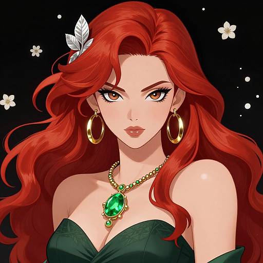 Digital anime-style portrait of a red-haired woman with long wavy hair, green gemstone necklace, gold hoop earrings, black strapless top, and