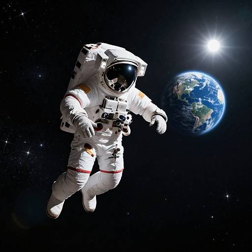 Photograph-style digital illustration: Astronaut in white spacesuit with reflective helmet floating near Earth and bright sun in black space.