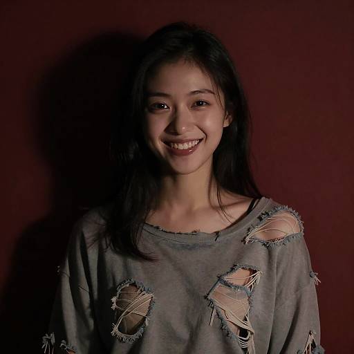 Smiling Young Woman in Torn Clothes