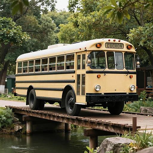 Vintage 1920 School Bus on Bridge