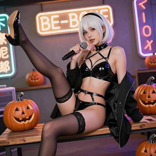 Confident Woman in Neon-Lit Room