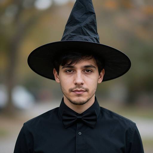 Photograph of a young man with light skin, dark hair, and a trimmed beard, wearing a black witch hat and black shirt, standing outdoors with