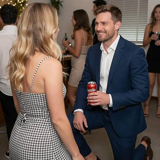 Kneeling Man Offering Drink at Party