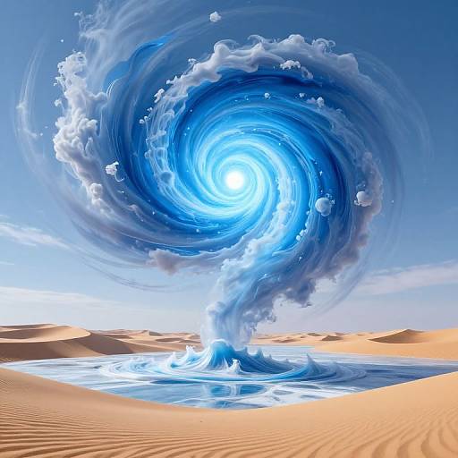 Digital art: vibrant blue, swirling water tornado over a desert oasis, with rippling sand dunes and bright sky in the background.