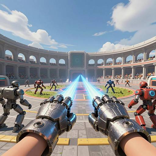 Futuristic Robot Arena Battle with Sci-Fi Gauntlets