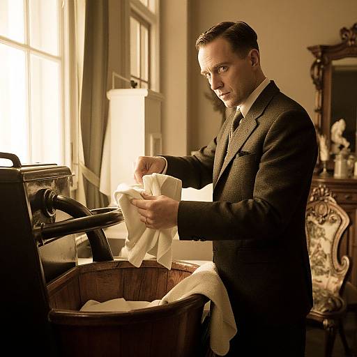 Photograph of a serious, handsome man in a dark suit, ironing white clothes in a sunlit, vintage-style room with ornate furniture.