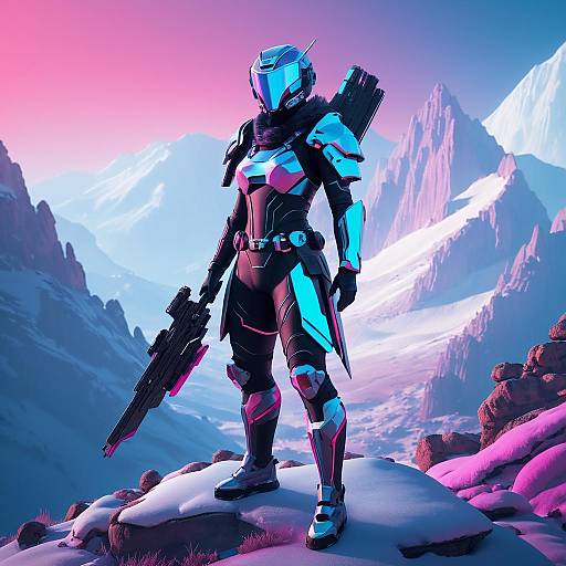 Futuristic Cyberpunk Warrior in Mountain Landscape