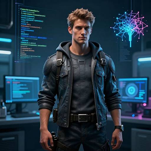 Photorealistic CGI of a serious, muscular man in a black leather jacket and hoodie, standing in a futuristic, neon-lit control room with holog