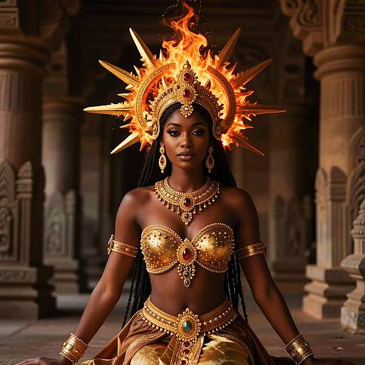 Photograph of a dark-skinned woman with fiery crown, gold jewelry, and braided hair, seated in an ancient temple, wearing gold bikini top
