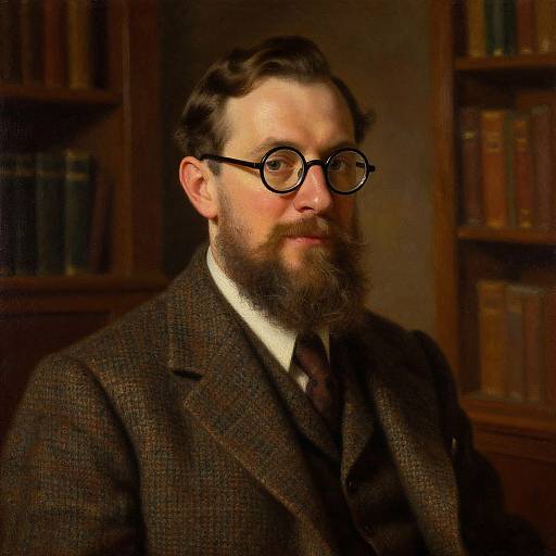Photograph of a bearded man with round glasses, dark brown hair, wearing a brown tweed suit, seated in a dimly lit library with
